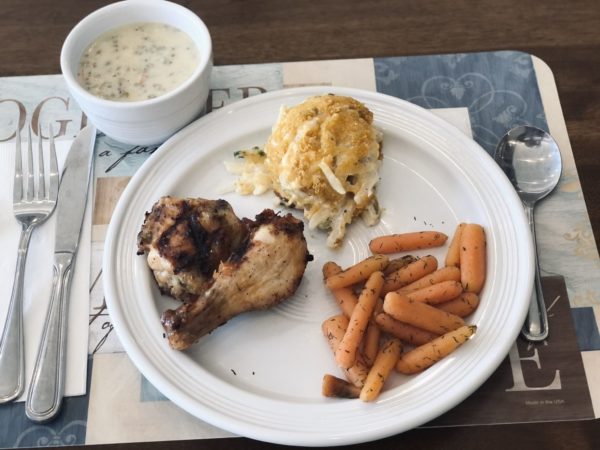 Fresh Grilled Chicken, Cheesy Potatoes, Dilled Carrots and Chicken Wild Rice Soup