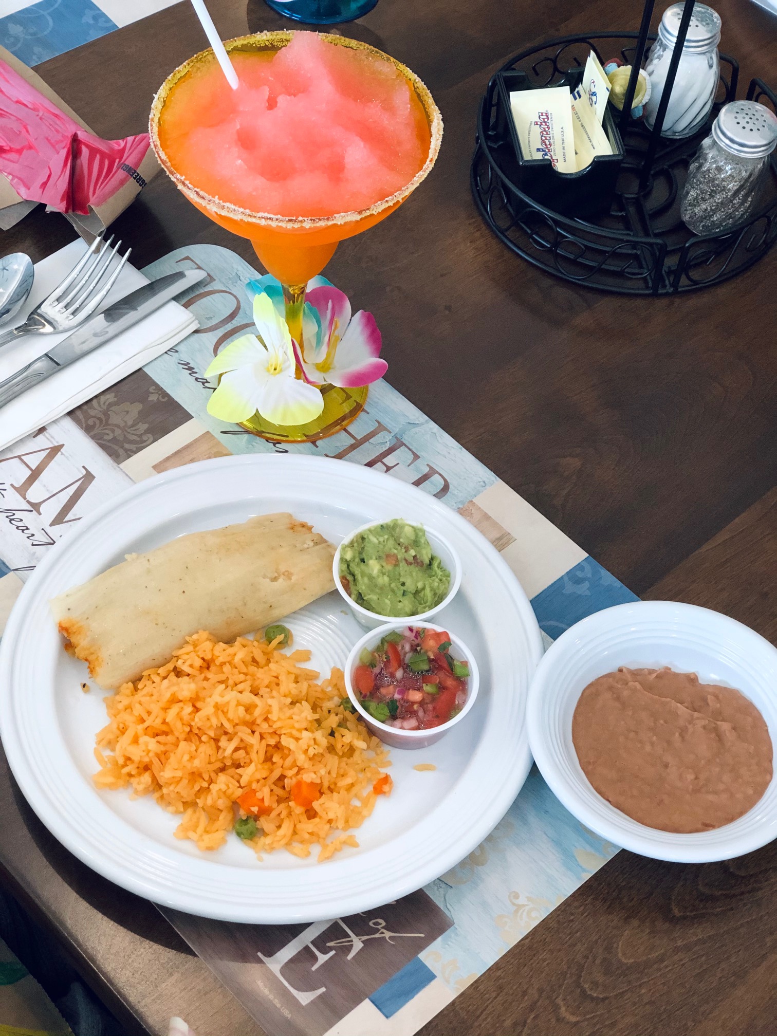 Tamales, Mexican Rice, Homemade Pico De Gallo, Fresh Guacamole, Refried Beans & a Virgin Margarita for Cinco De Mayo!